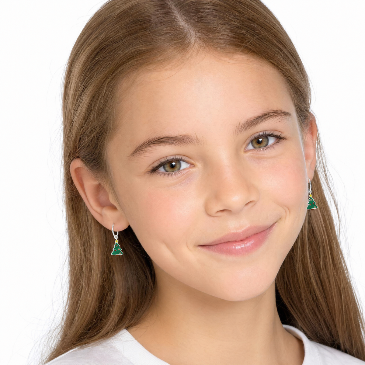 Sterling Silver Christmas Tree Hoop Earrings on young girl