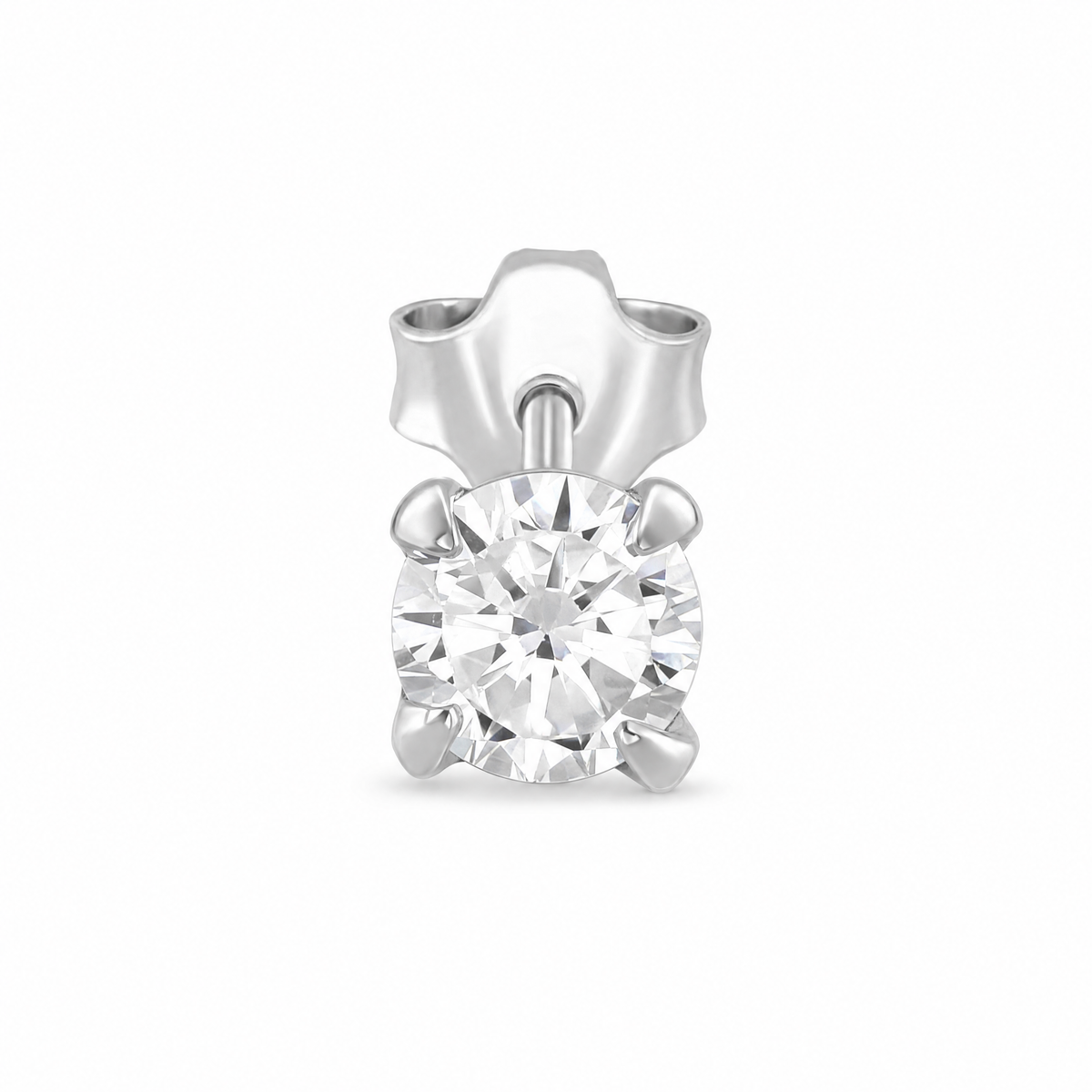 A single mens solitaire diamond stud earring in a four-prong setting 