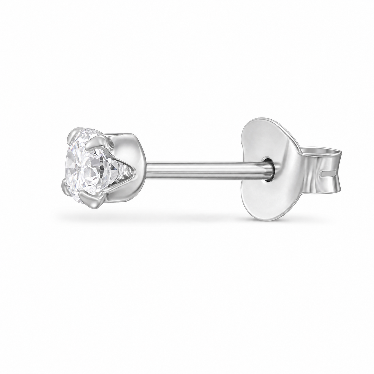 A single mens silver stud earring with a round clear gemstone in a four-prong setting, shown from a side profile on a white background.