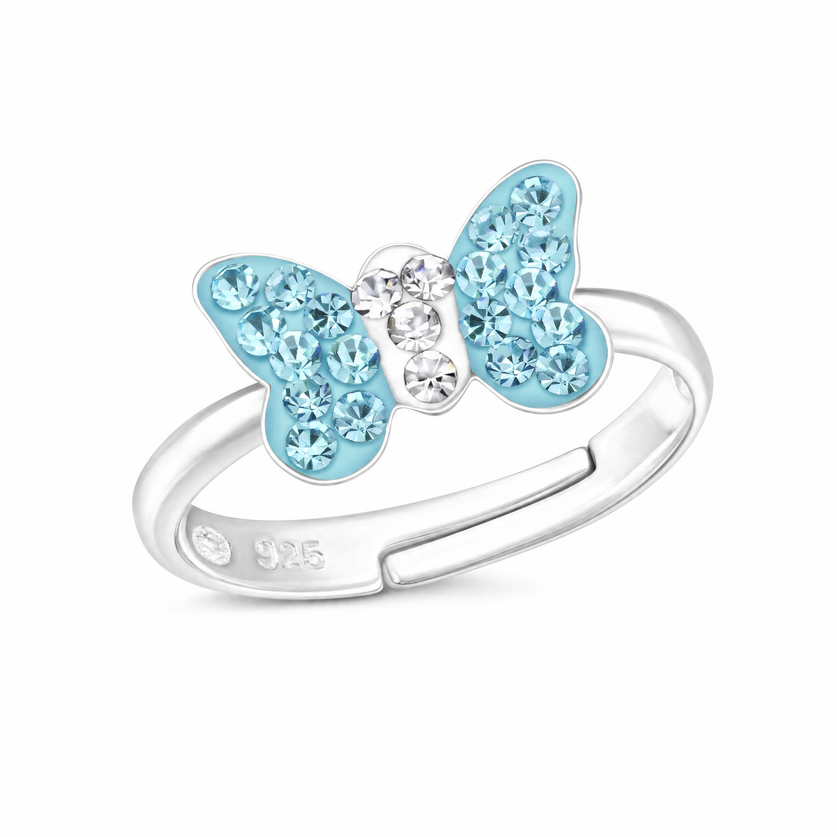 A silver butterfly ring featuring light blue rhinestones on the wings and a central cluster of clear rhinestones.