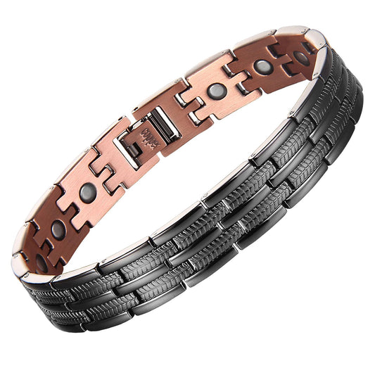 Melchior two tone stainless steel link bracelet with magnets, ultra strength magnetic bracelet for men in gunmetal and rose gold