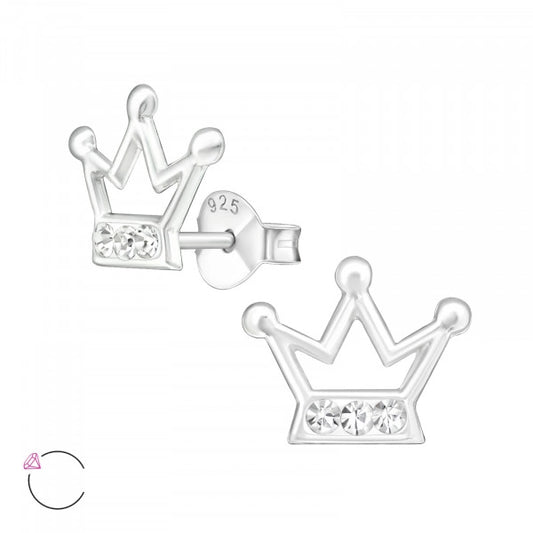 Childrens Sterling Silver Princess Crystal Crown Stud Earrings