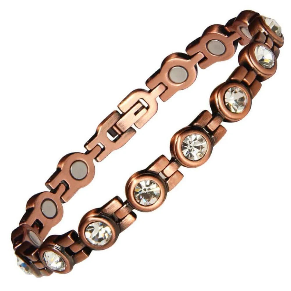  womens copper magnetic bracelet with round clear crystal accents and secure clasp