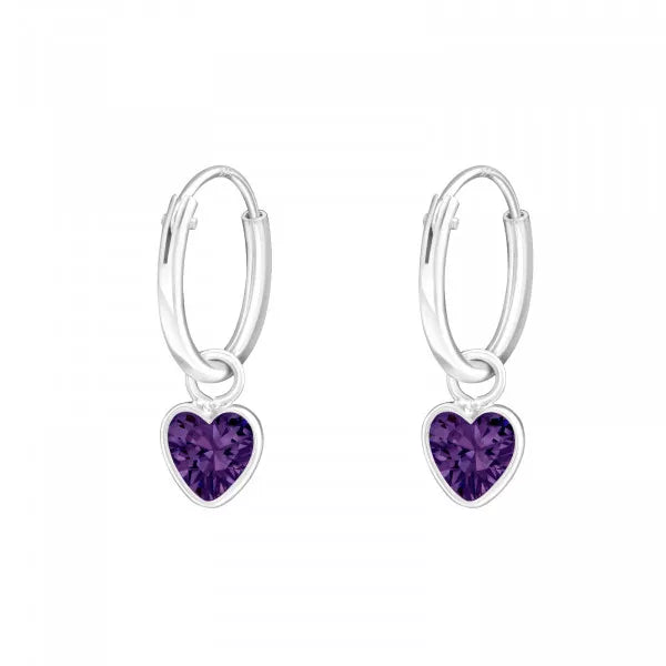 Girls 925 sterling silver amethyst heart CZ hoop earrings