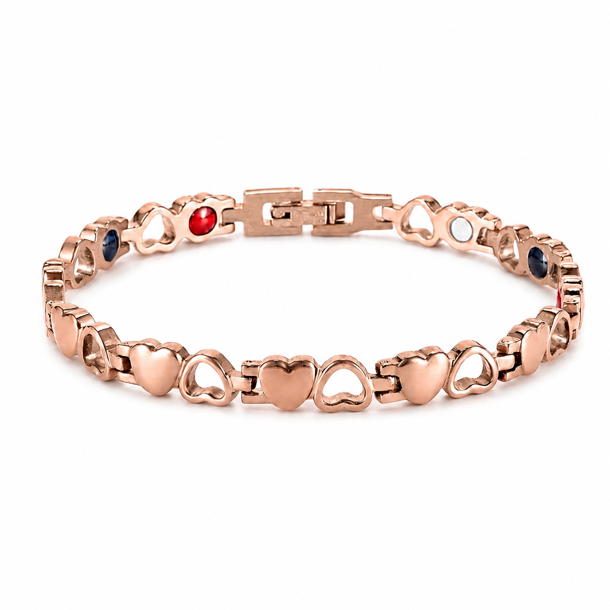 A rose gold heart-link bracelet with small heart-shaped links and colorful heart inlays, shown on a plain white background.