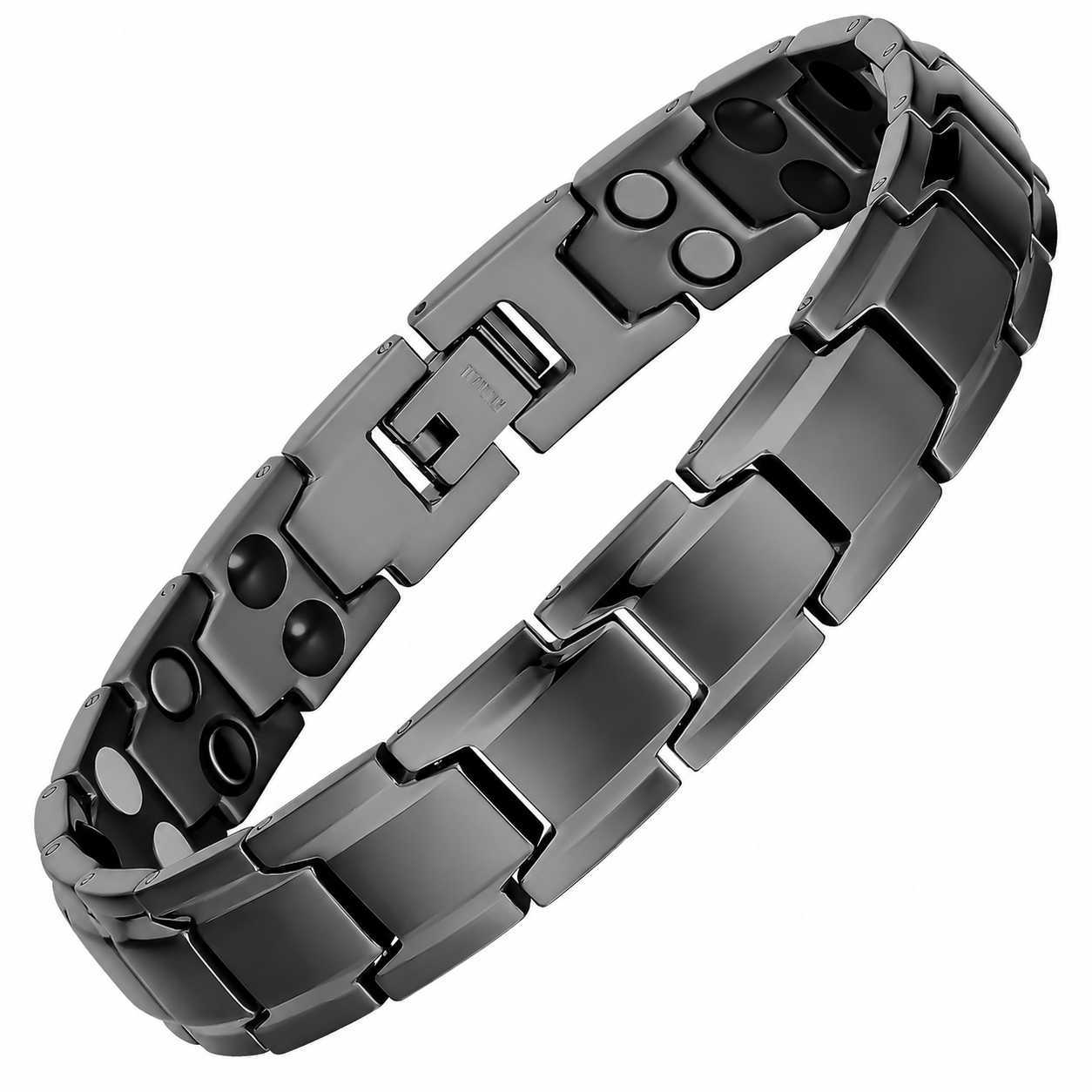 A black magnetic segmented link bracelet shown on a clean white background.