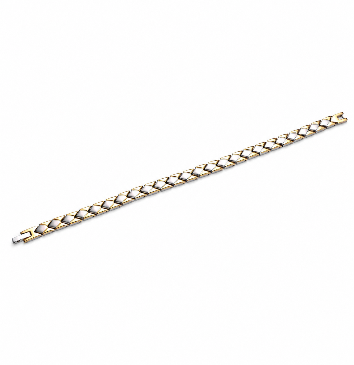 A gold and white interlocking chain link bracelet shown diagonally on a plain white background.