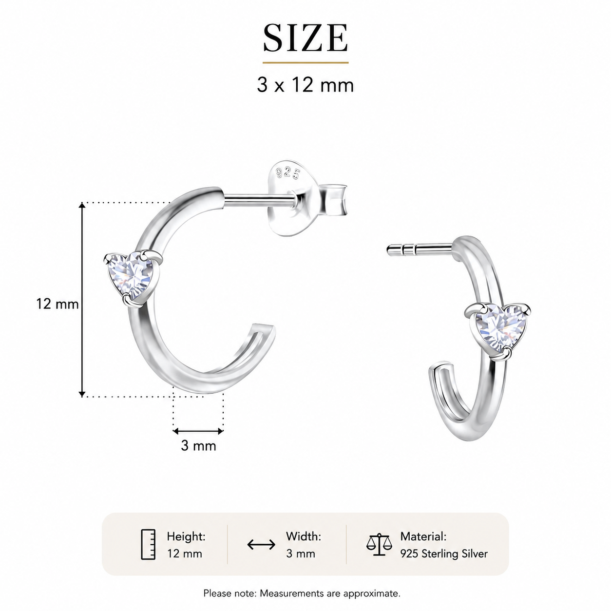 Size diagram for silver hoop earrings with a heart-shaped clear stone, showing dimensions of 12 mm height and 3 mm width,