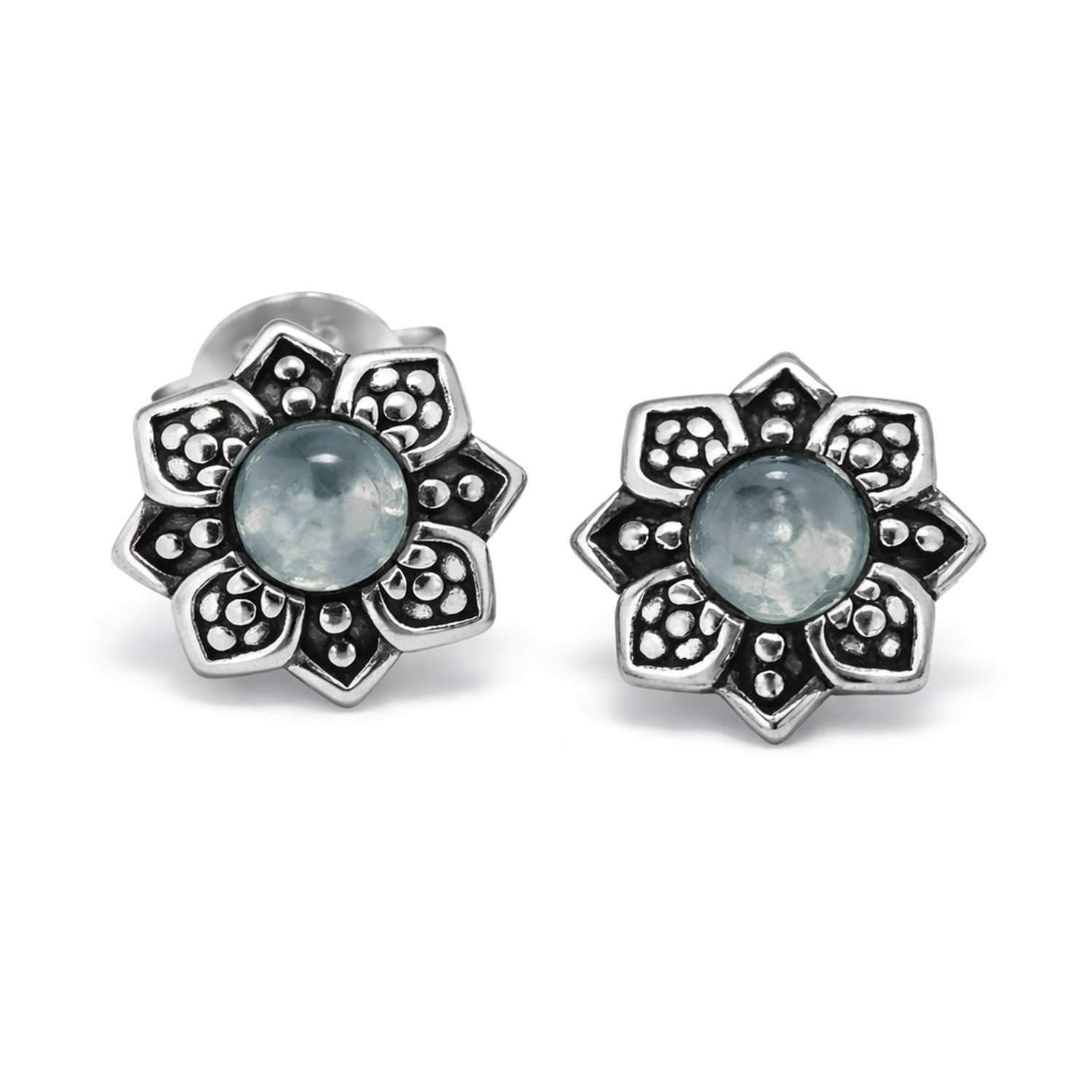 Sterling Silver Flower Aqua Dyed Chalcedony Stud Earrings - Melchior Jewellery 