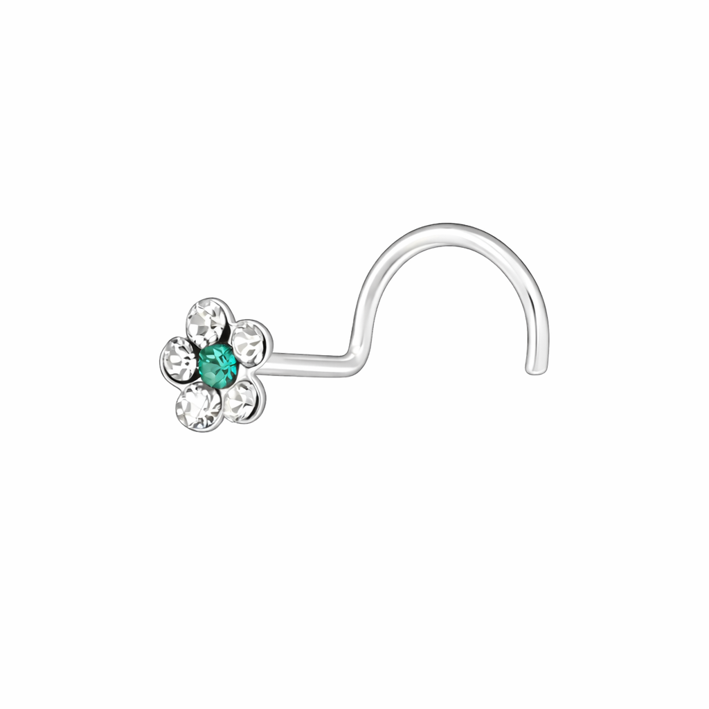 Sterling Silver Nose Screw with Aqua CZ Flower - Melchior Jewellery 