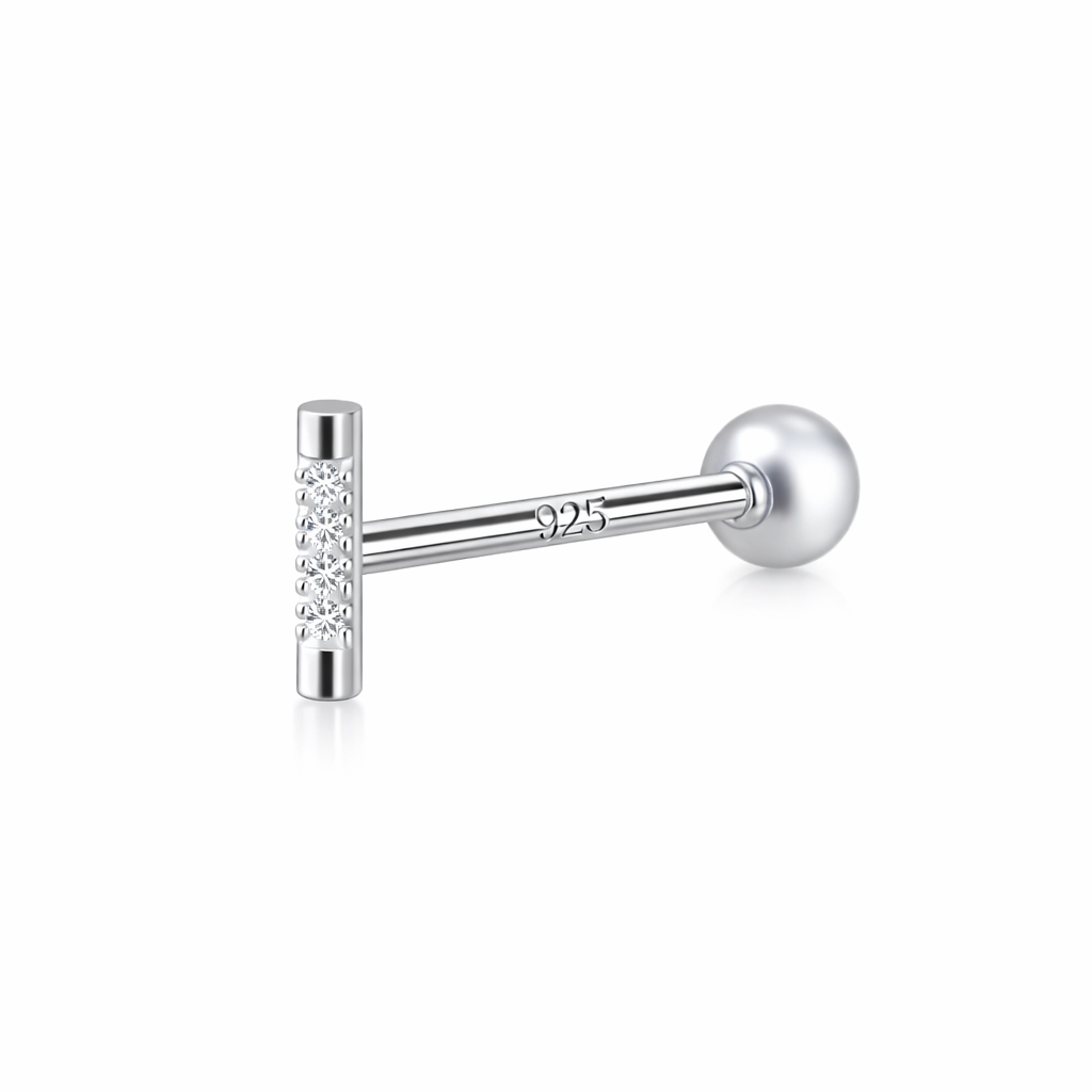 Sterling Silver Bar Cartilage Stud with Pearl Screw Back - Melchior Jewellery 