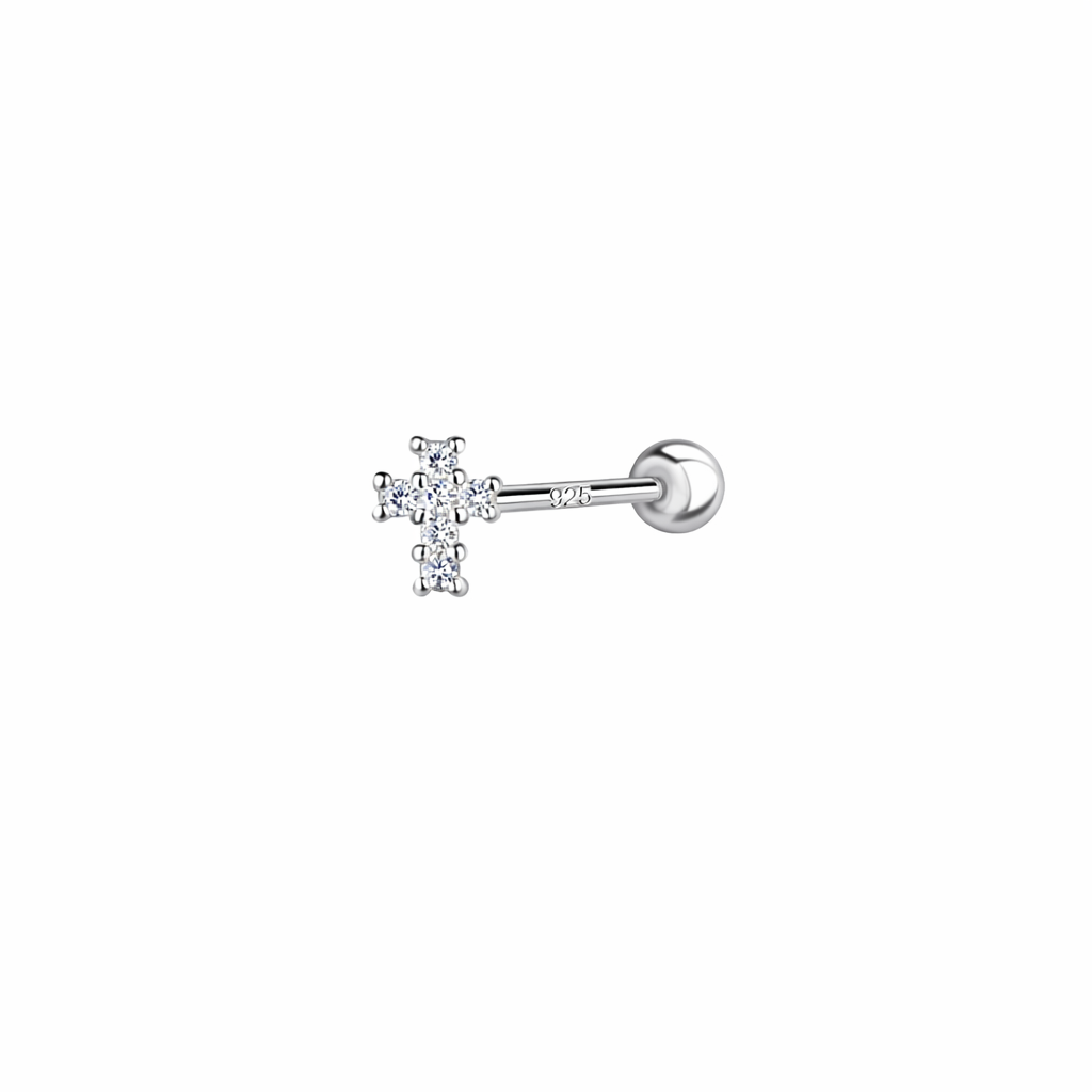 Sterling Silver CZ Cross Cartilage Stud with Silver Ball Screw Back - Melchior Jewellery 