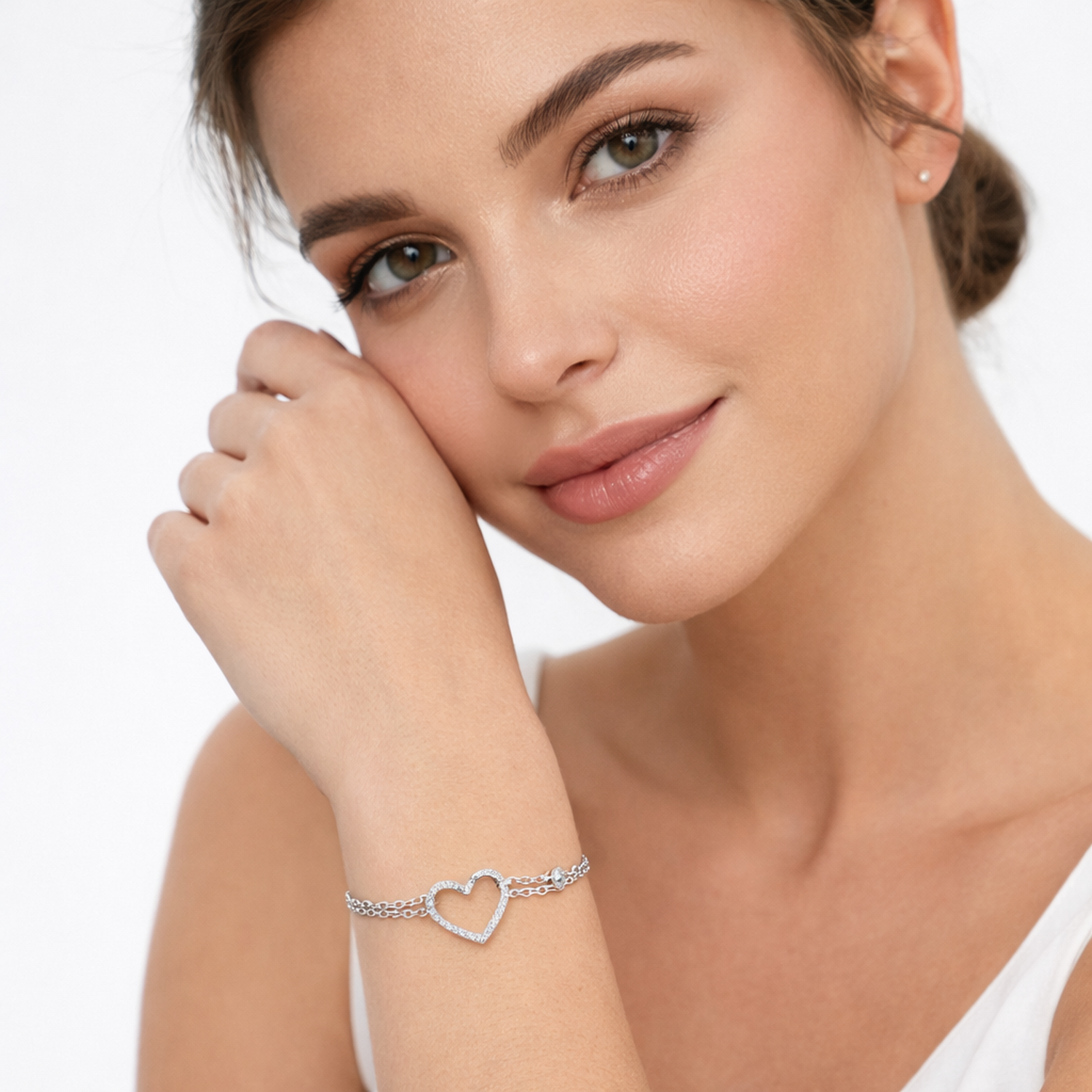 Sterling Silver Open Heart CZ Chain Bracelet - Melchior Jewellery 