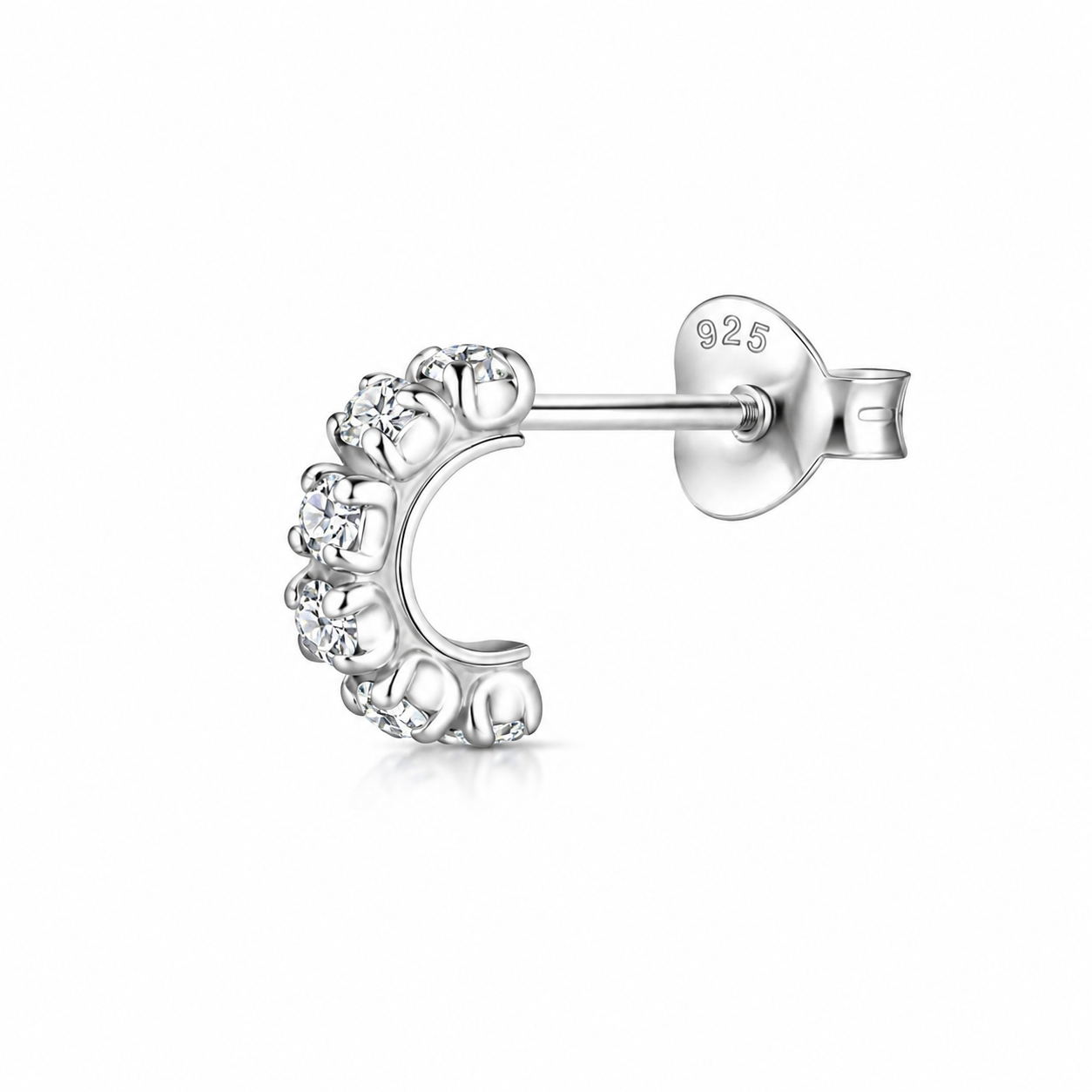 925 sterling silver mens CZ half hoop single stud earring with clear cubic zirconia stones and butterfly back by Melchior Jewellery