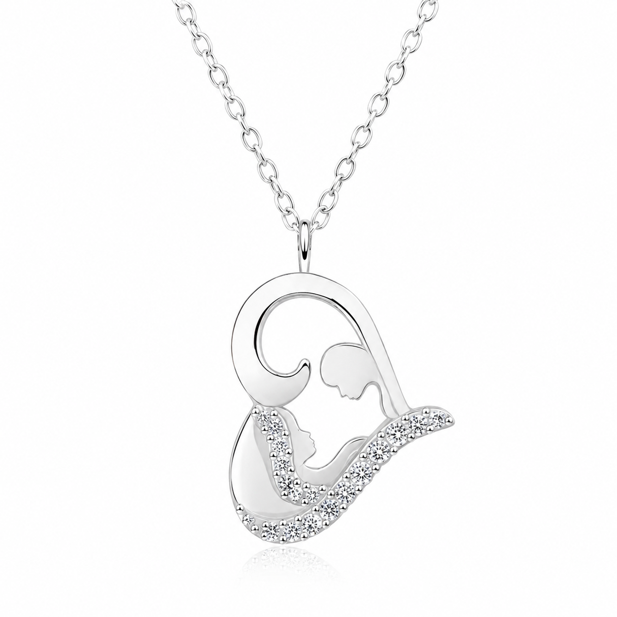A silver pendant necklace featuring a mother and child silhouette design, with the child's hair adorned with small clear stones, shown on a white background.