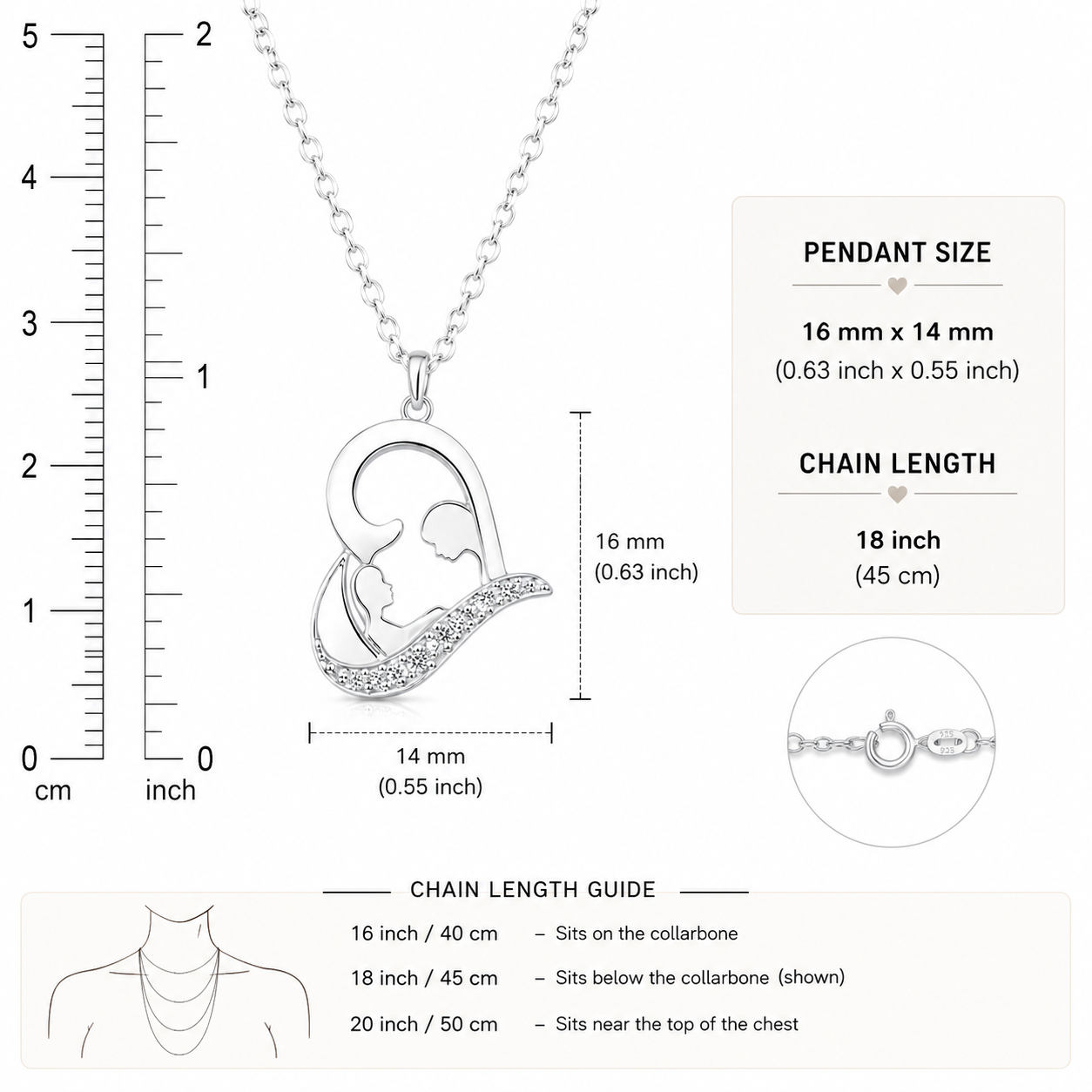 Silver pendant necklace with a mother-and-child silhouette design, shown with measurement guides, chain length information, and a clasp detail on a white background.