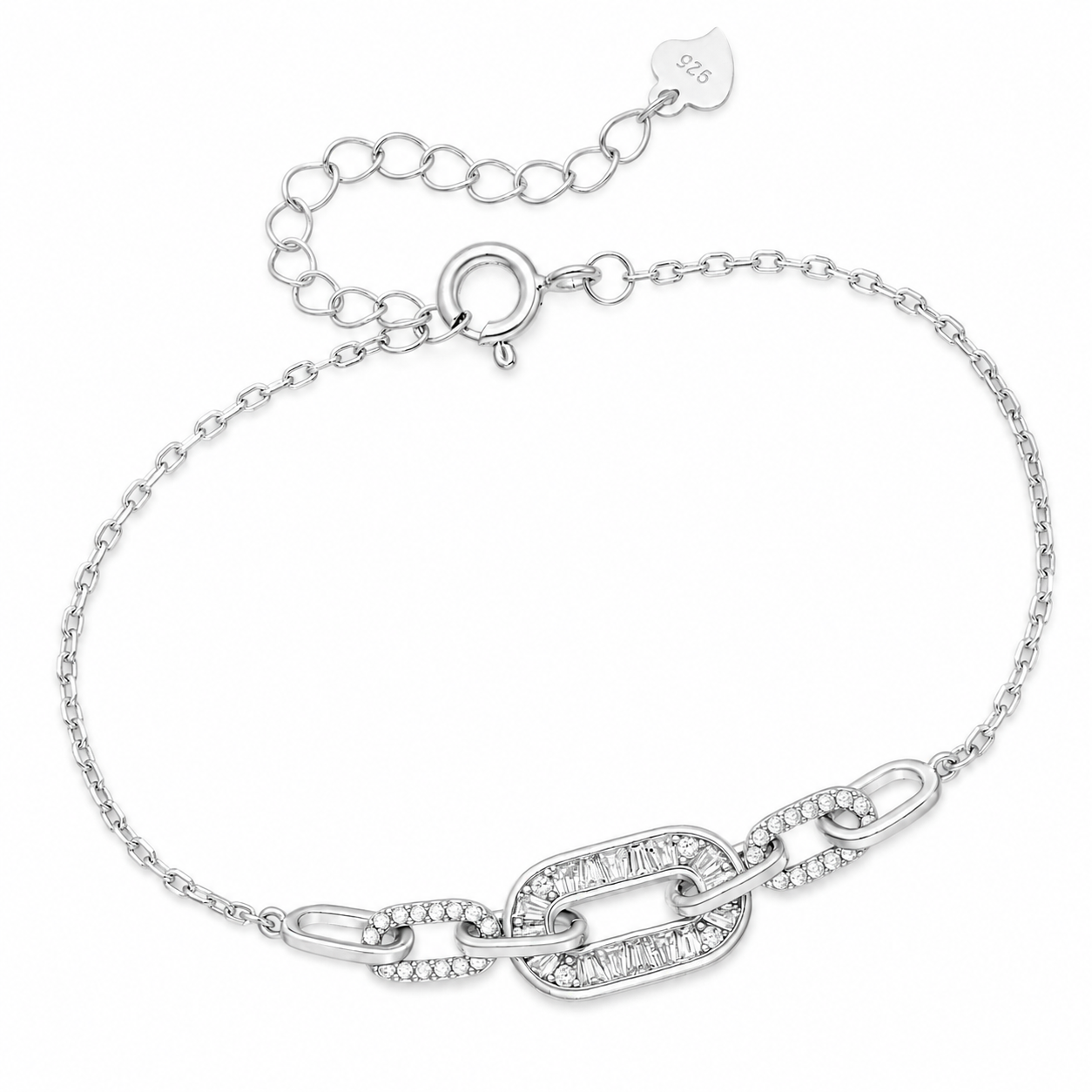 925 Sterling Silver Chain Link Bracelet with Sparkling CZ Link Accents