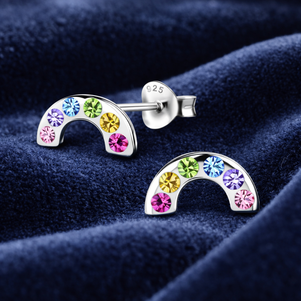 Sterling Silver Girls Sparkly Crystal Rainbow Stud Earrings