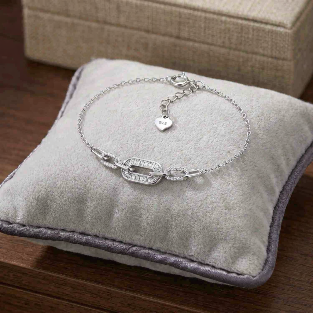 925 Sterling Silver Chain Link Bracelet with Sparkling CZ Link Accents