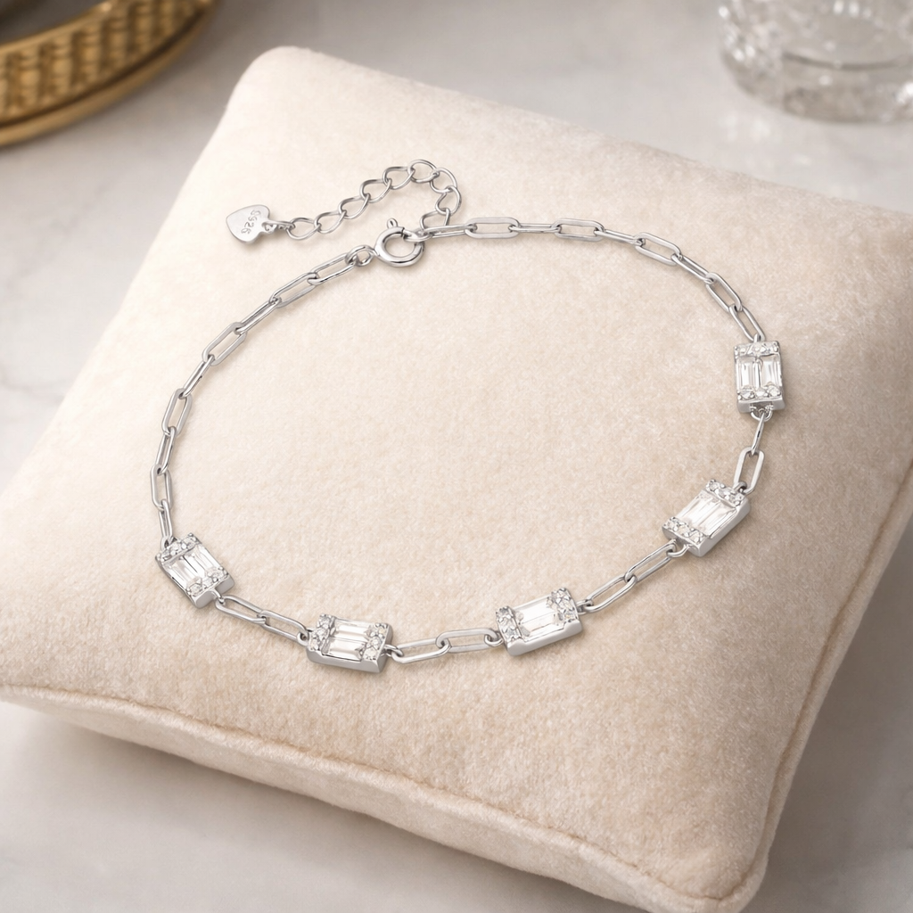 Elegant Sterling Silver Baguette CZ Paperclip Chain Bracelet