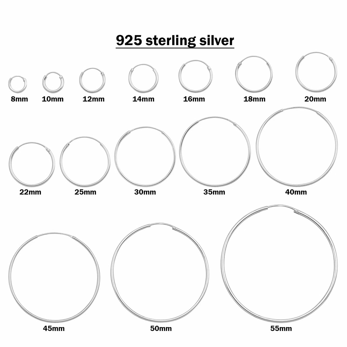 Sterling Silver 1.2mm Rhodium Plated Hoop Earrings - Choose your Size