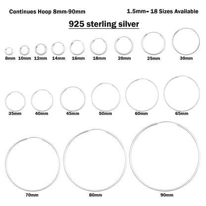 Sterling Silver 1.5mm Thick Rhodium Plated Hoop Earrings - Choose your Size