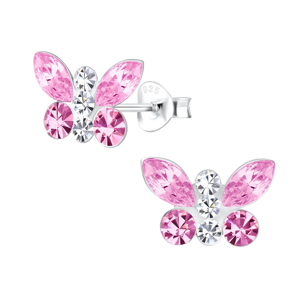 Butterfly-shaped earrings with pink and clear gemstones on a white background