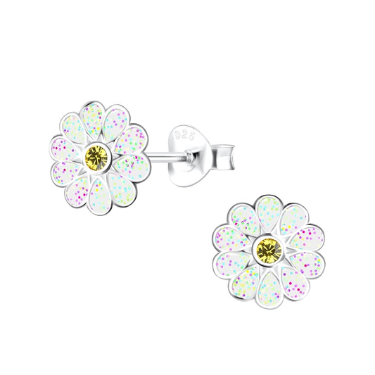 Childs Sterling Silver Glitter Daisy Flower Stud Girls Earrings