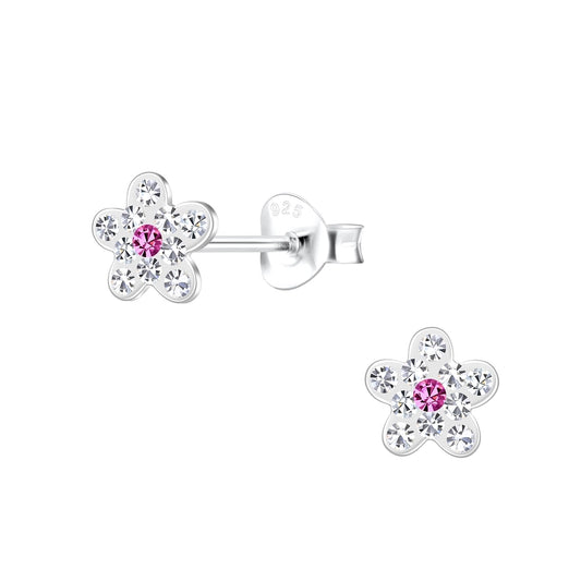 Girls Sterling Silver Crystal Flower Stud Earrings