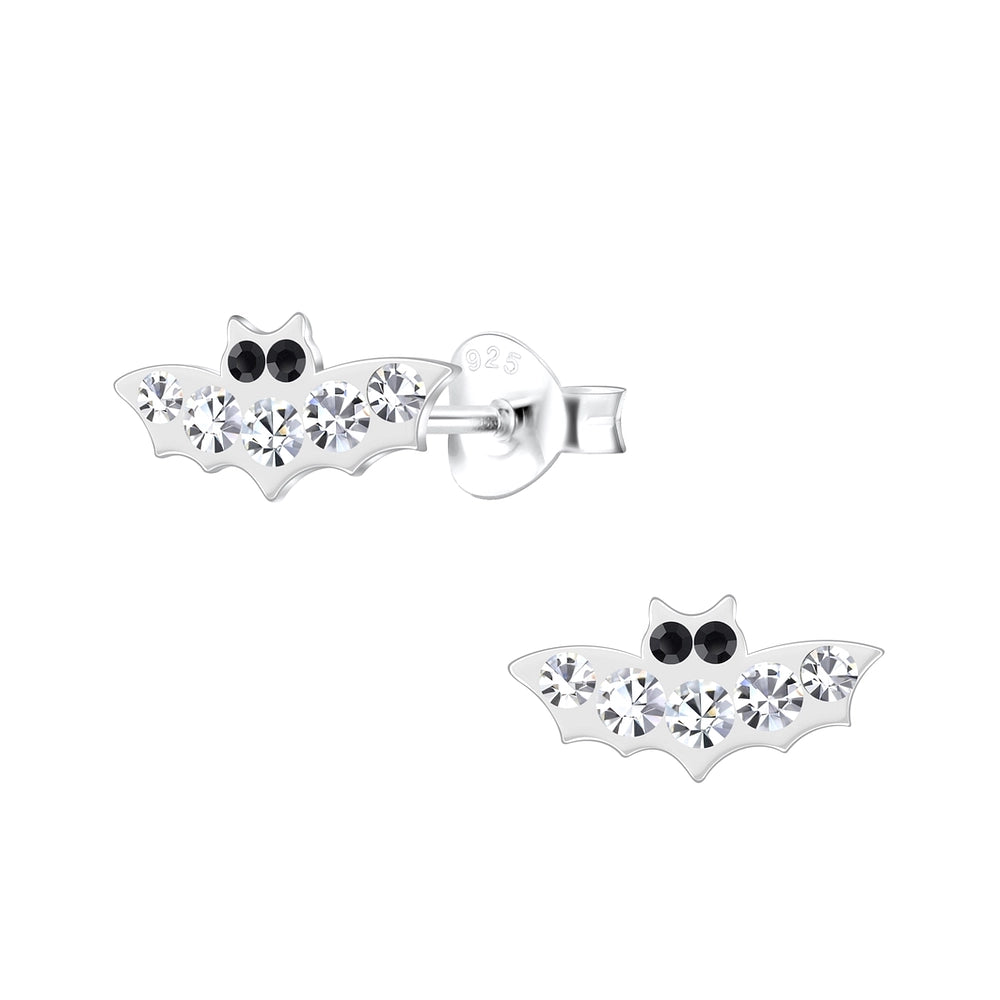 Children's Sterling Silver Crystal Halloween Bat Stud Earrings