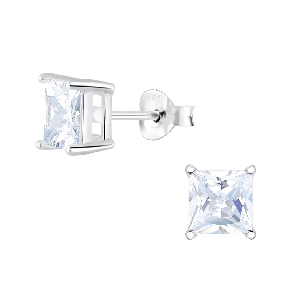 Sterling Silver Square 6mm CZ Stud Earrings - Choose Your Colour