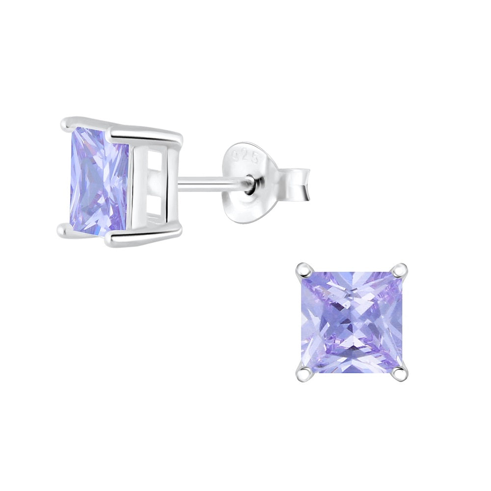 Sterling Silver Square 6mm CZ Stud Earrings - Choose Your Colour