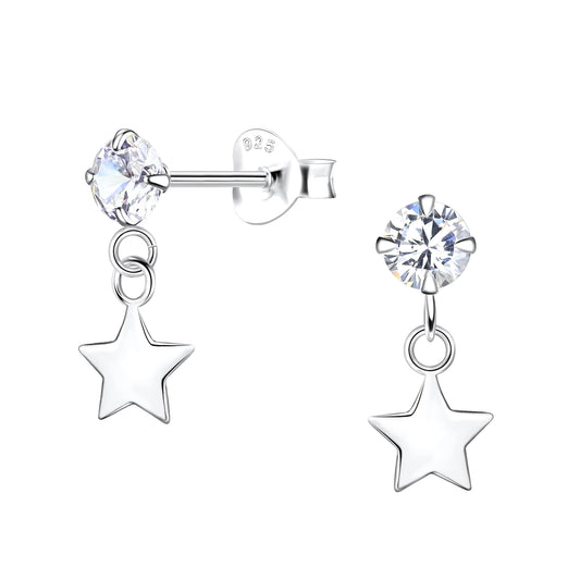 Children's Sterling Silver Star CZ Drop Stud Earrings