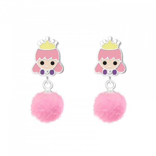 Children's Silver Princess Ear Studs with Crystal and Hanging Pom Pom