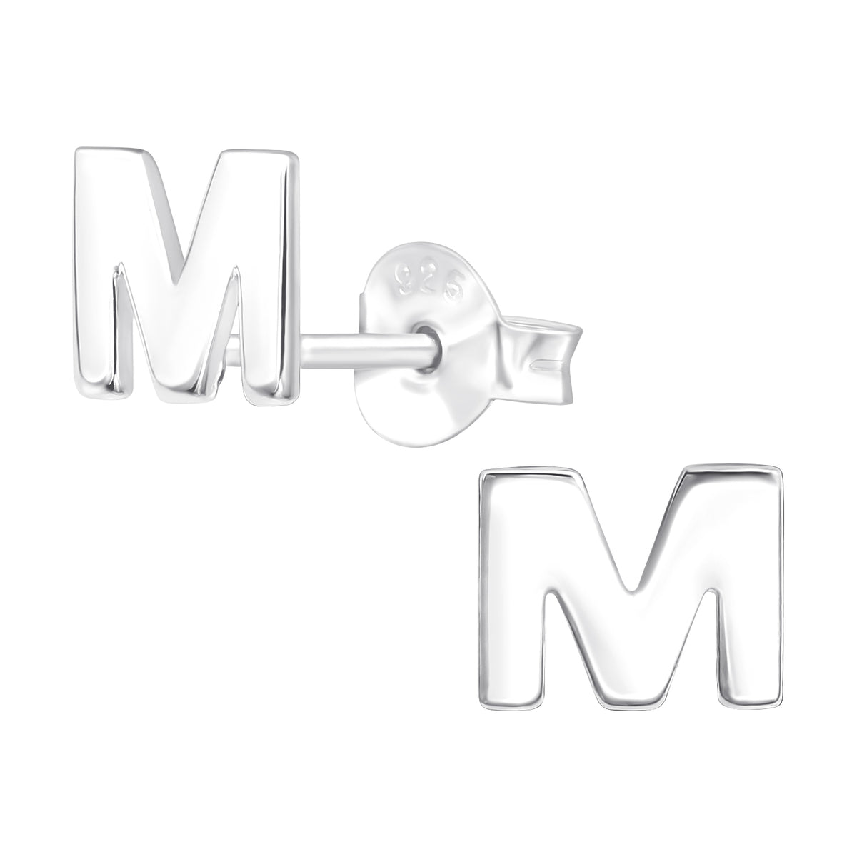 Silver letter 'M' earrings on a white background