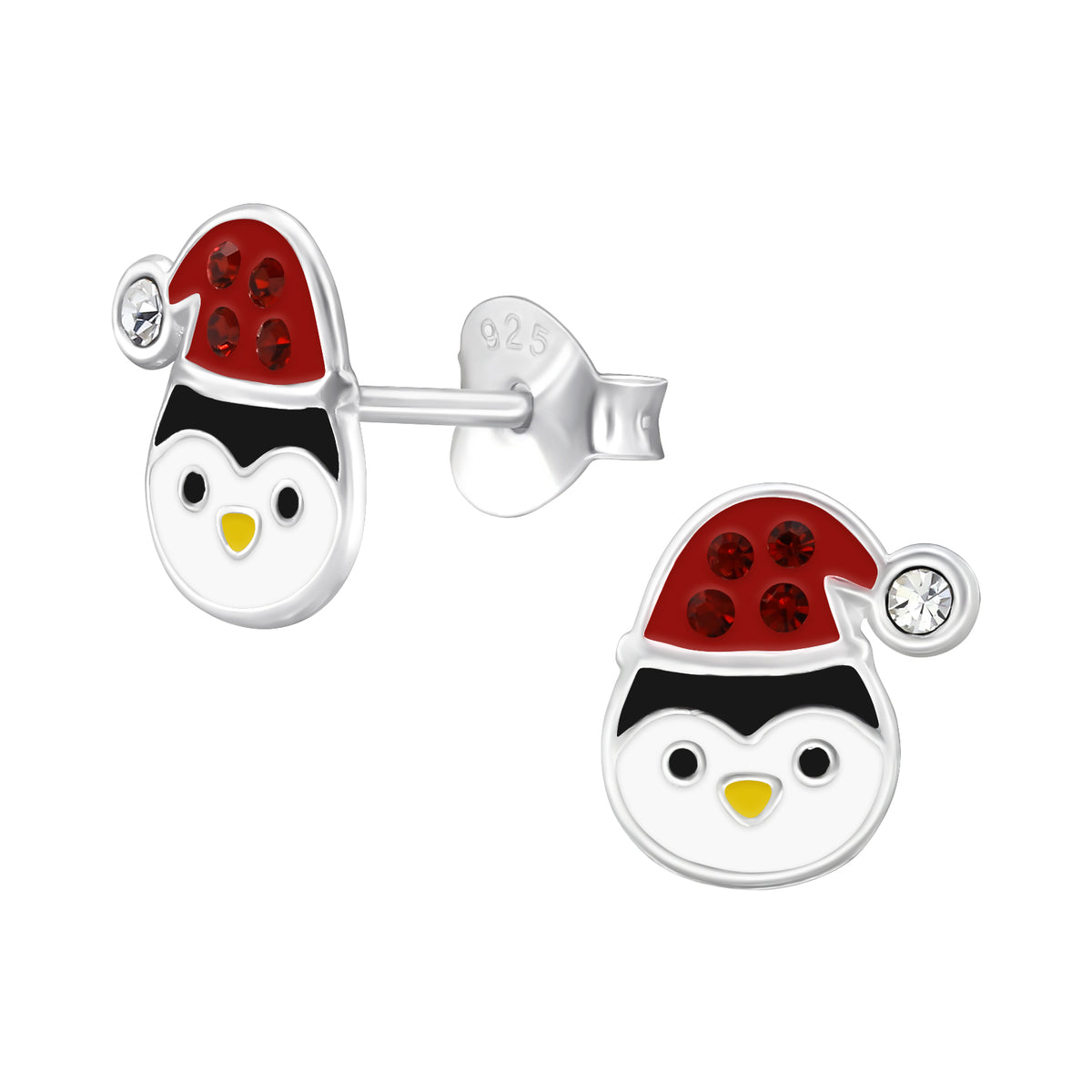 Christmas Penguin earrings with red hats on a white background