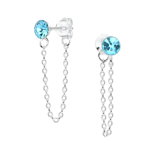 Sterling Silver Aquamarine Crystal Stud Chain Stud Earrings