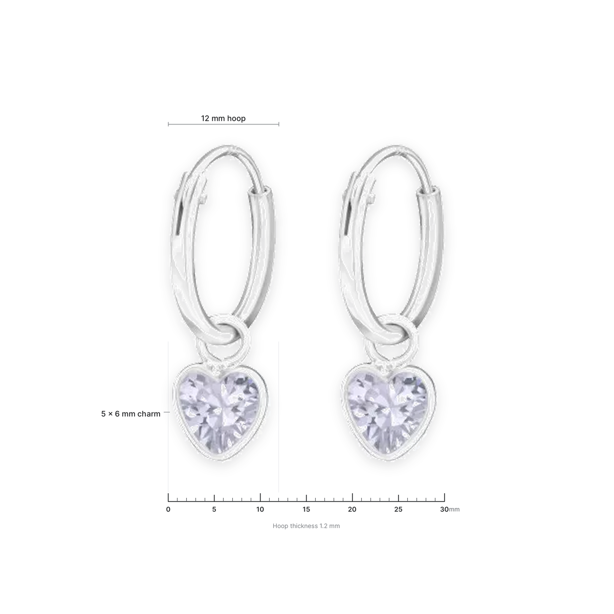 Pair of sterling silver lavender heart CZ earrings showing the hinged fastening and size