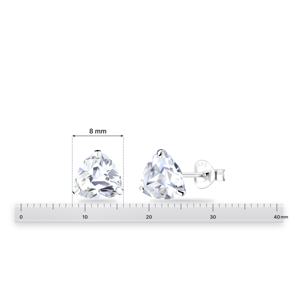 triangular cubic zirconia stud earrings in sterling silver showing dimensions