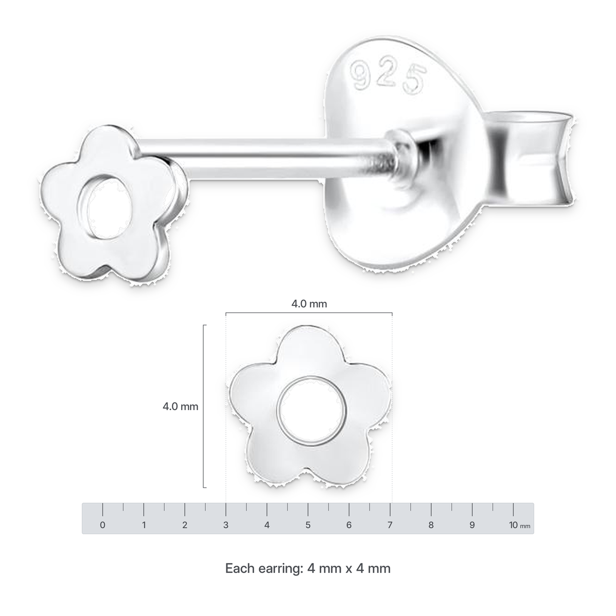 Children's Sterling Silver Tiny Flower Stud Earrings Showing Dimensions
