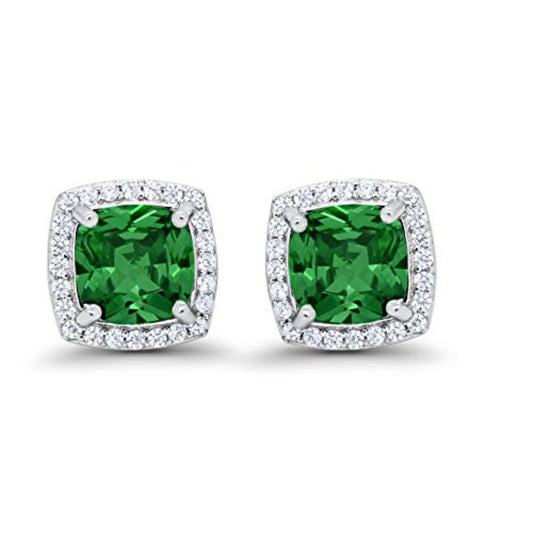 Sterling Silver Halo Bridal Emerald CZ Stud Earrings
