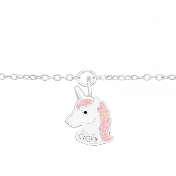Sterling Silver Childrens Kids Pink Unicorn Charm Bracelet