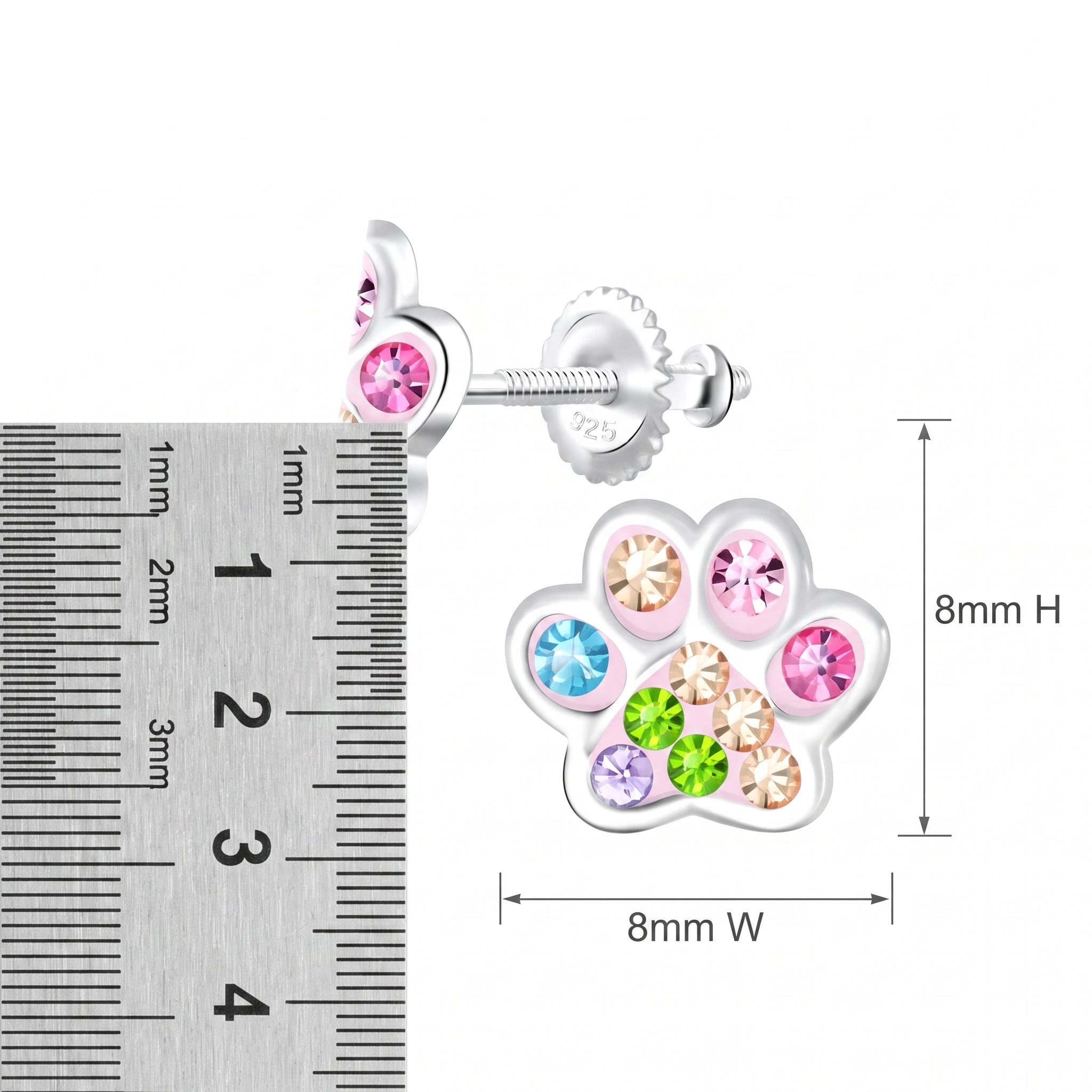 8mm Sterling Silver Rainbow Crystal Paw Screw Back Earrings