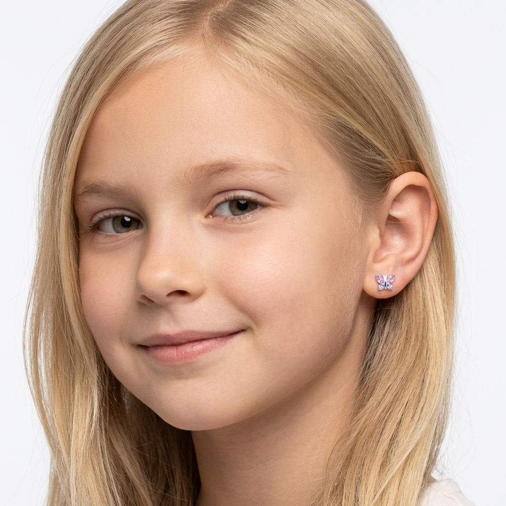Silver Hypoallergenic Pink Butterfly Screw Back Earrings For Girls
