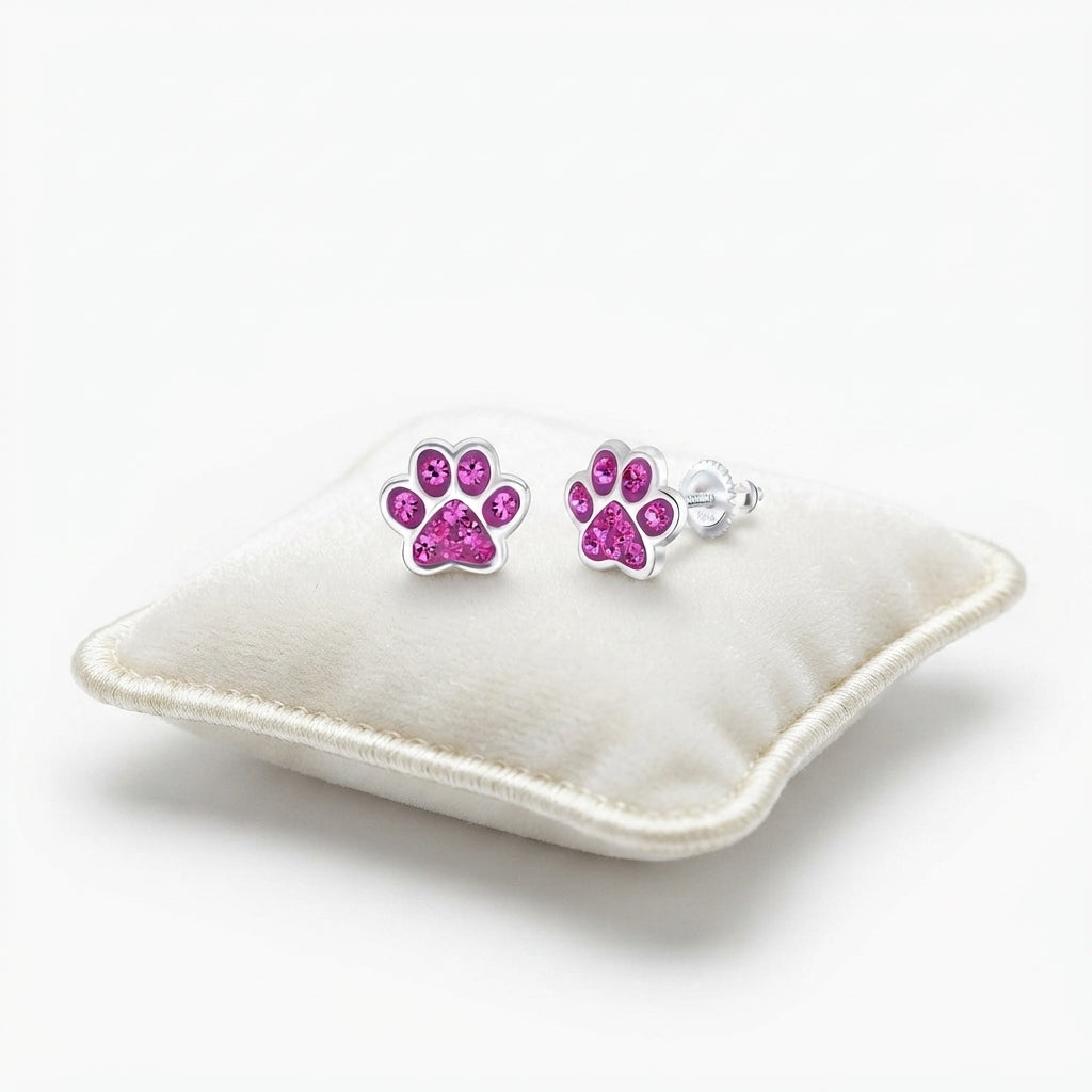 Children's 925 sterling silver pink crystal paw earrings, nickel-free and hypoallergenic with secure screw backs

