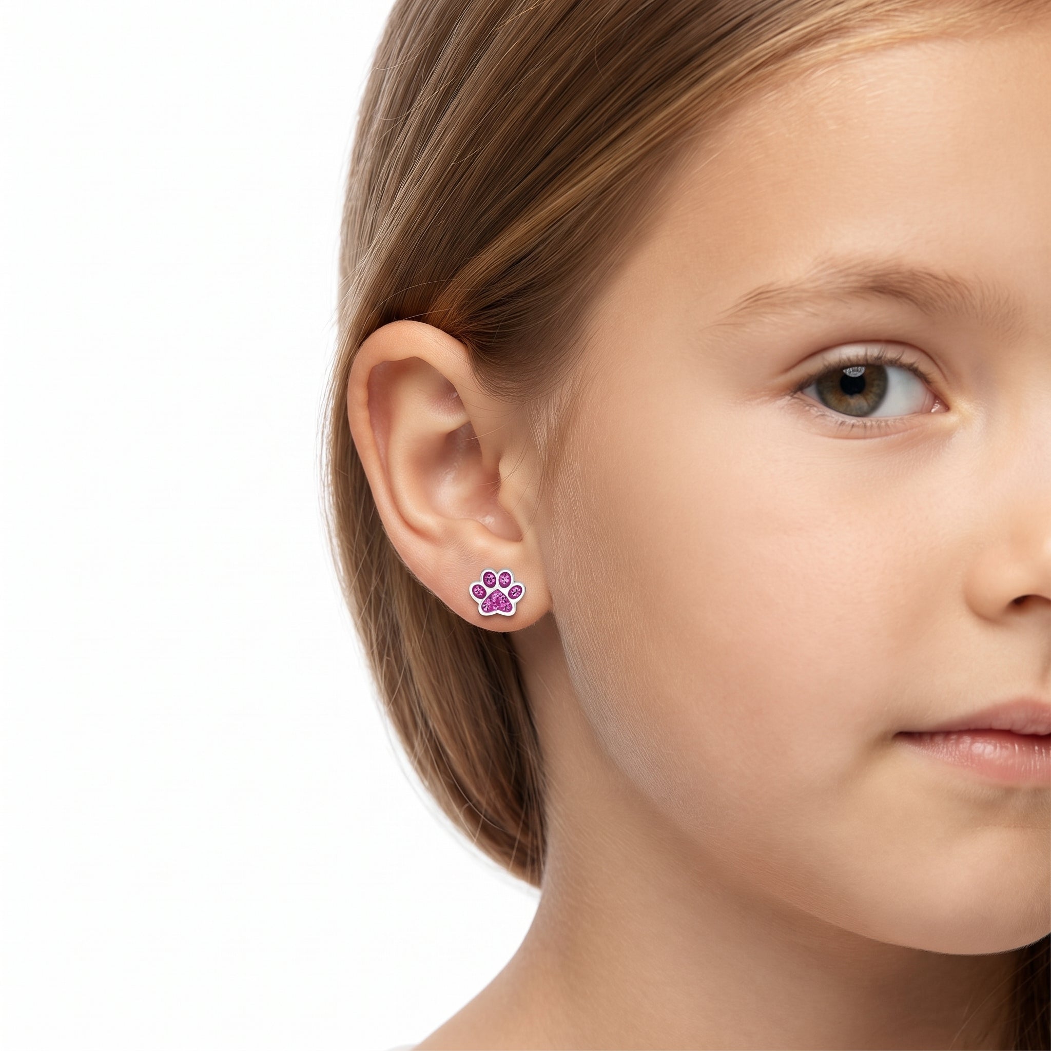 Sterling silver kids paw screw back earrings with sparkling fuchsia pink cubic zirconia crystals