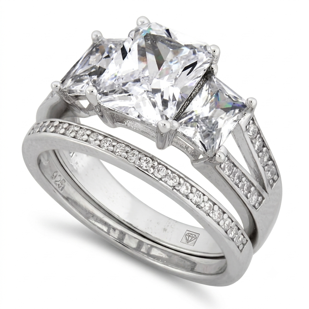 Sterling Silver 3-Stone Princess Cut Bridal Ring Set