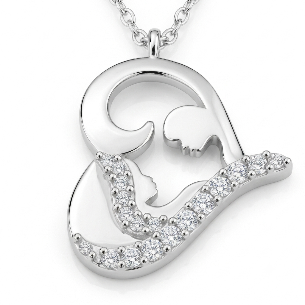 A silver pendant necklace featuring a mother-and-child silhouette design, with the child's head and upper body encrusted with small clear cubic zirconia stones. The pendant is shown on a matching silver chain against a clean white background.