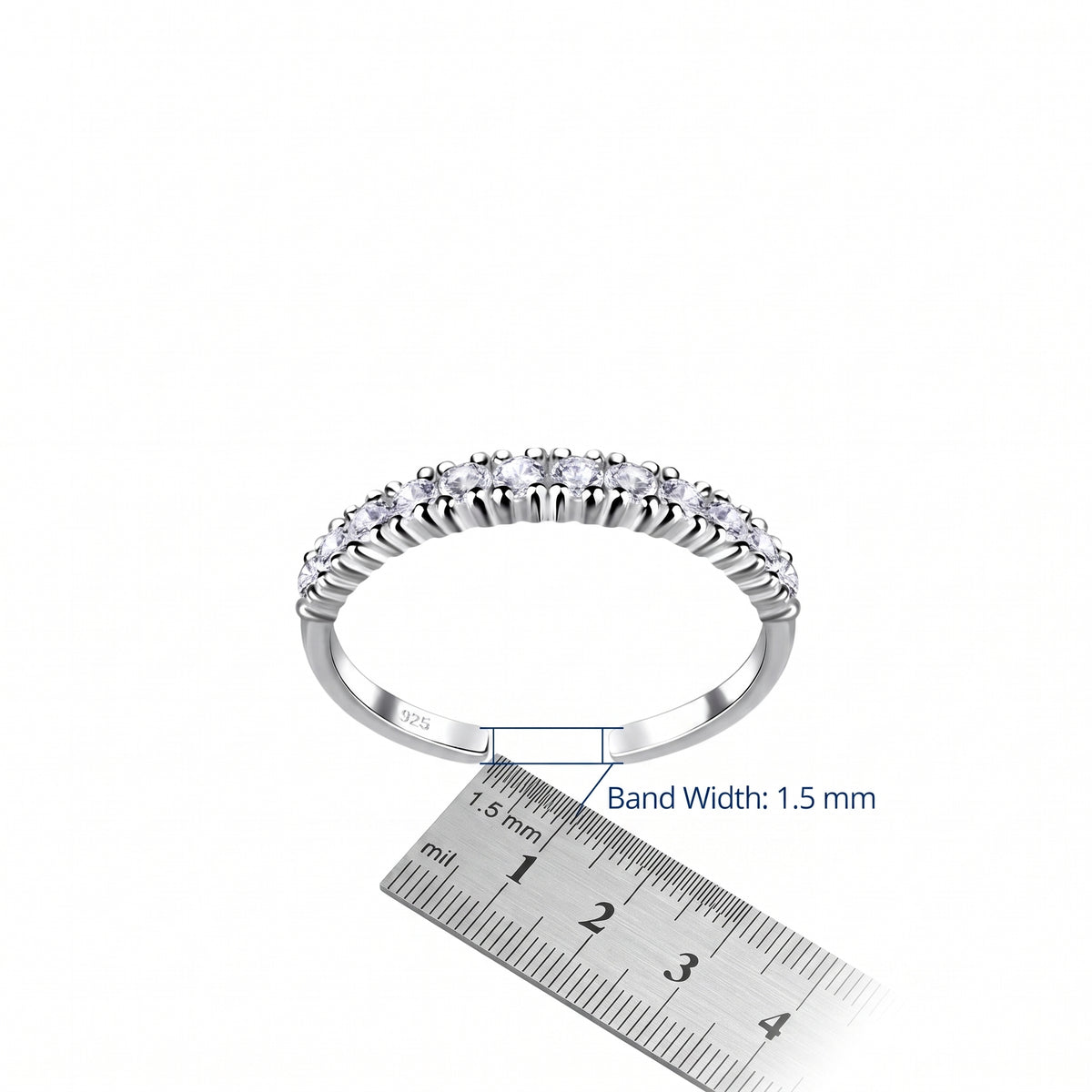 A silver eternity toe ring with round-cut clear stones, shown with a measurement overlay indicating a band width of 1.5 mm