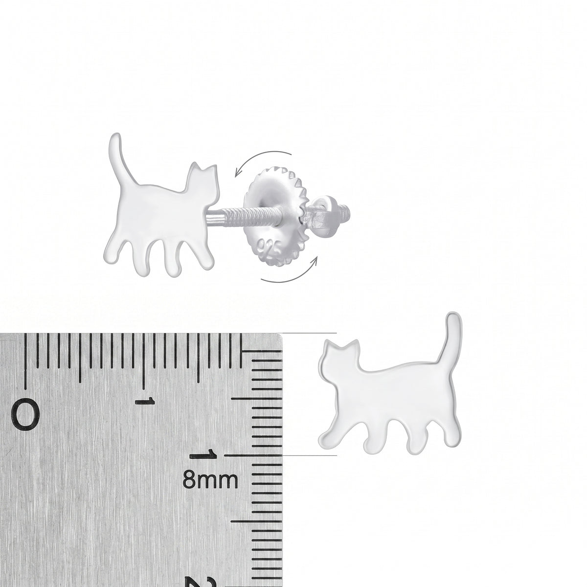 White cat-shaped  with a close-up and a ruler for scale on a white background.